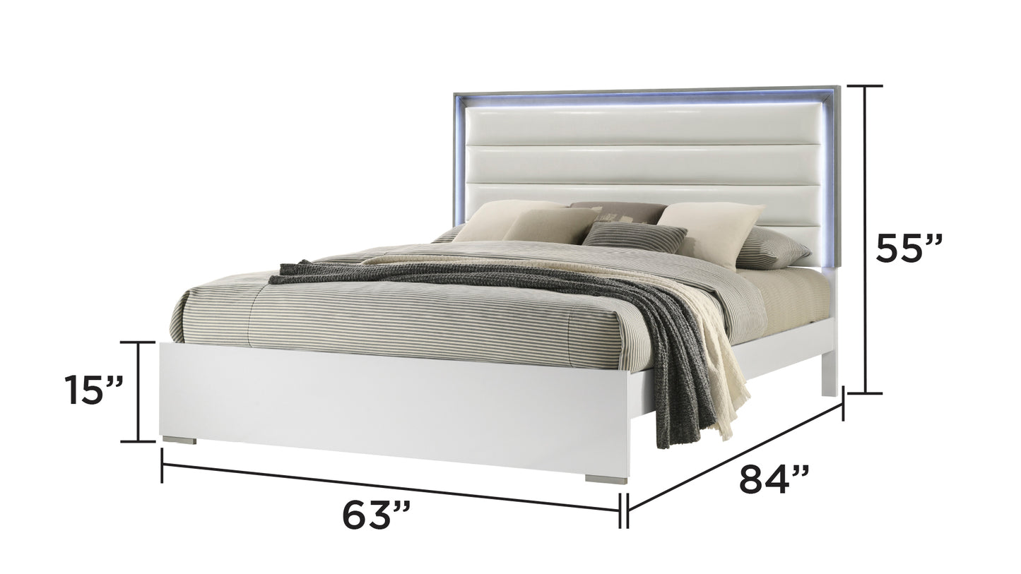 Modern white platform bed with upholstered headboard and LED lighting