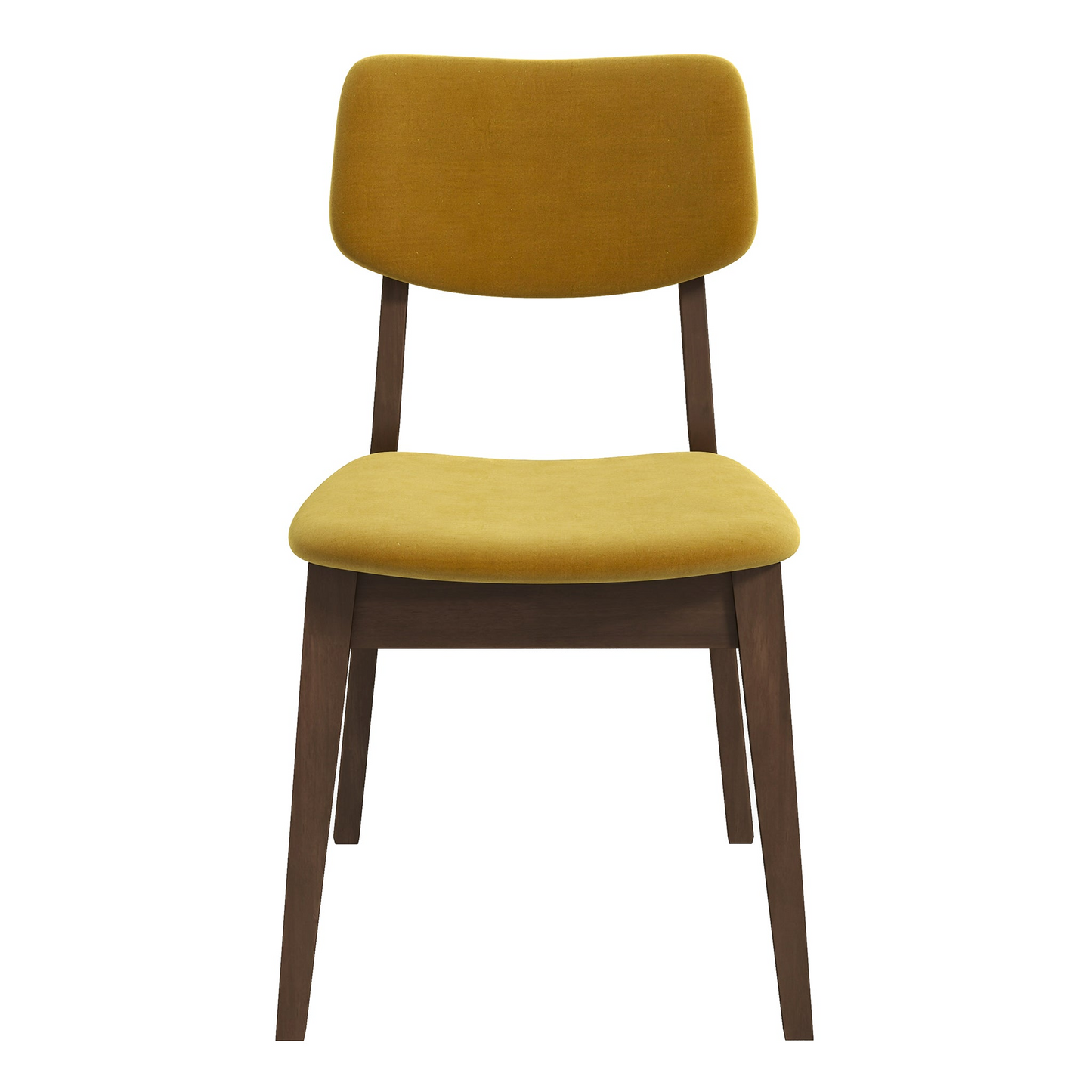 Mustard yellow upholstered dining chair with dark wood legs