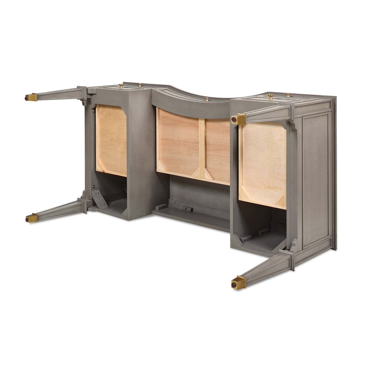 Gray vanity base with ornate legs and brass accents uninstalled