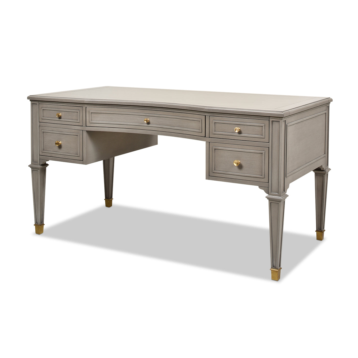 Gray antique writing desk with gold hardware and carved legs