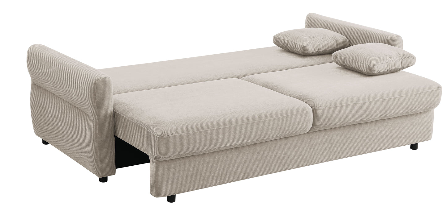 Beige corduroy sofa bed with plush cushions convertible to a sleeping surface