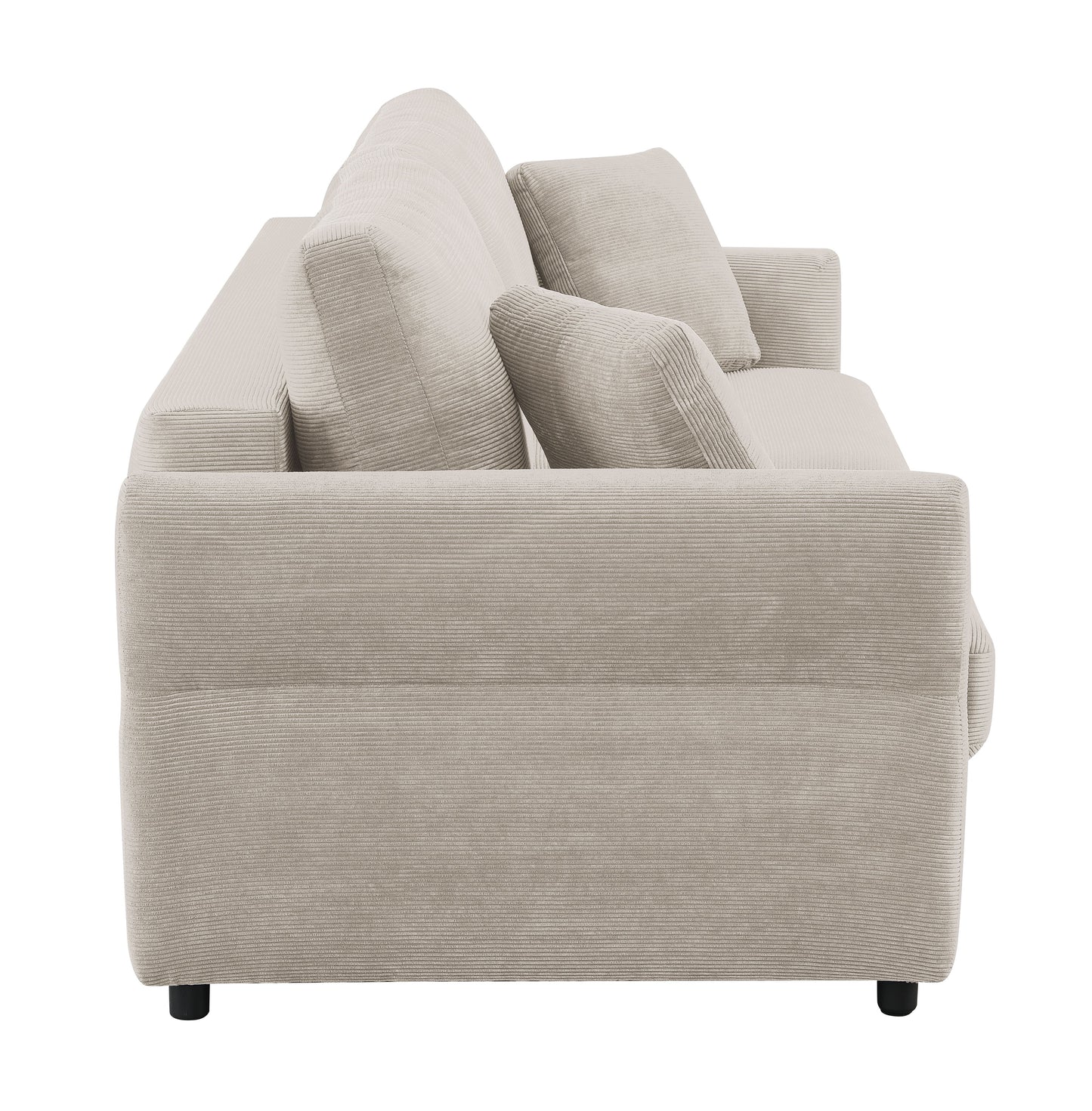 Cozy beige corduroy sofa with plush back cushions perfect for a modern living room