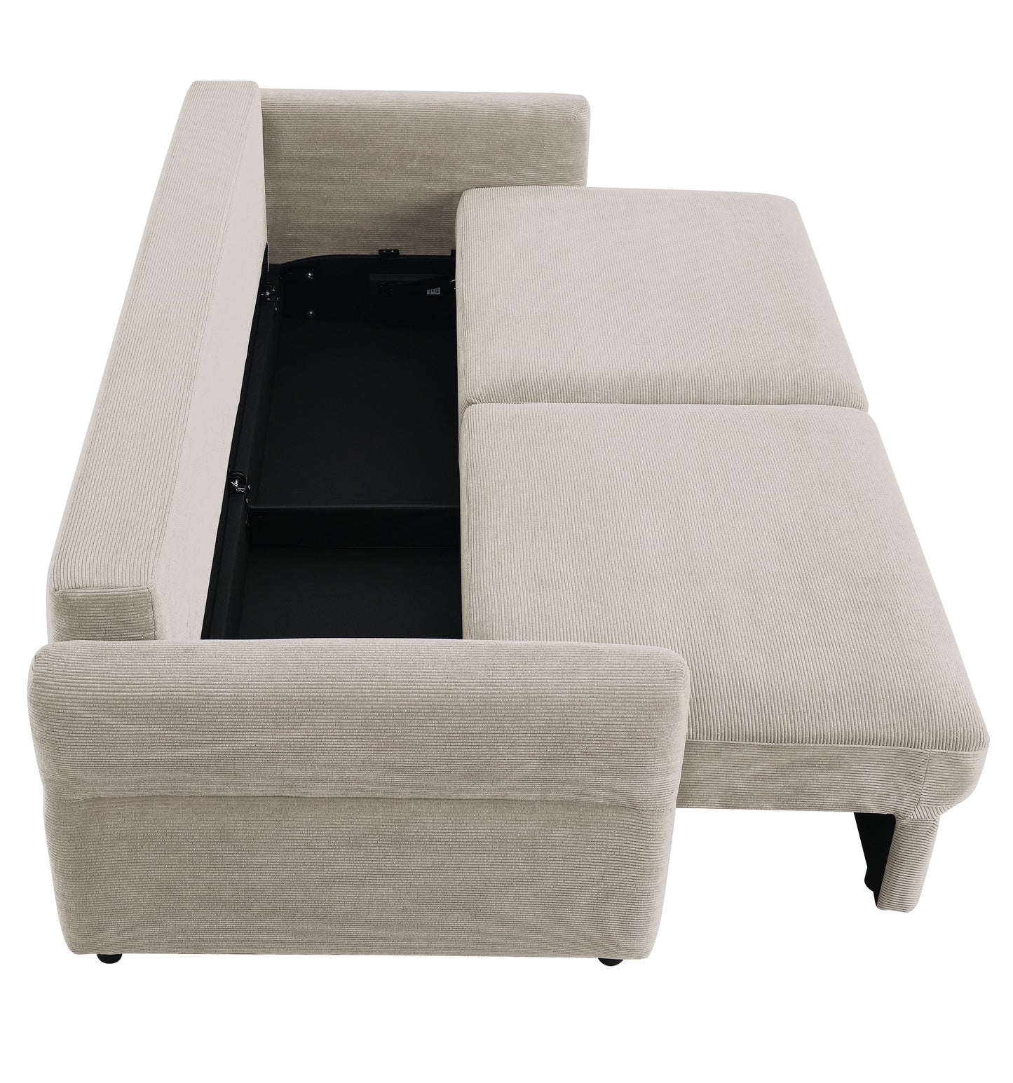 Beige corduroy sofa with exposed storage compartment contemporary design for living rooms