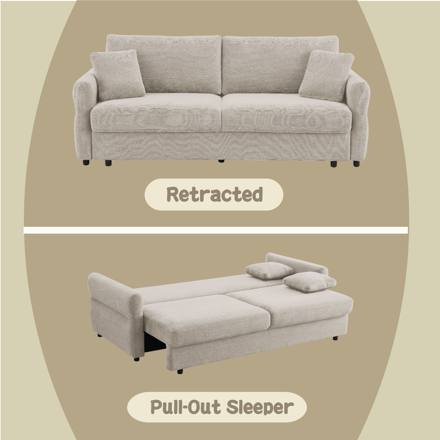 Cream fabric sofa in retracted mode with two accent pillows