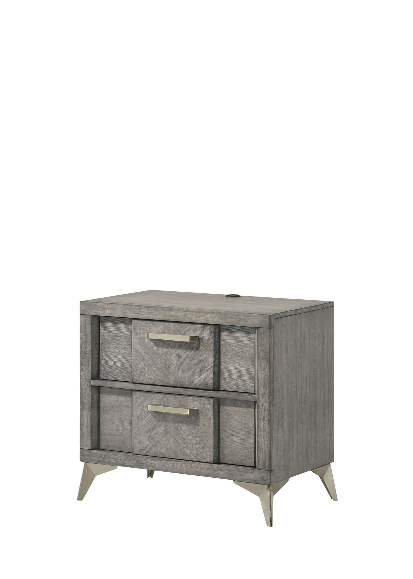 Gray wood nightstand with chevron drawer fronts and brushed nickel legs