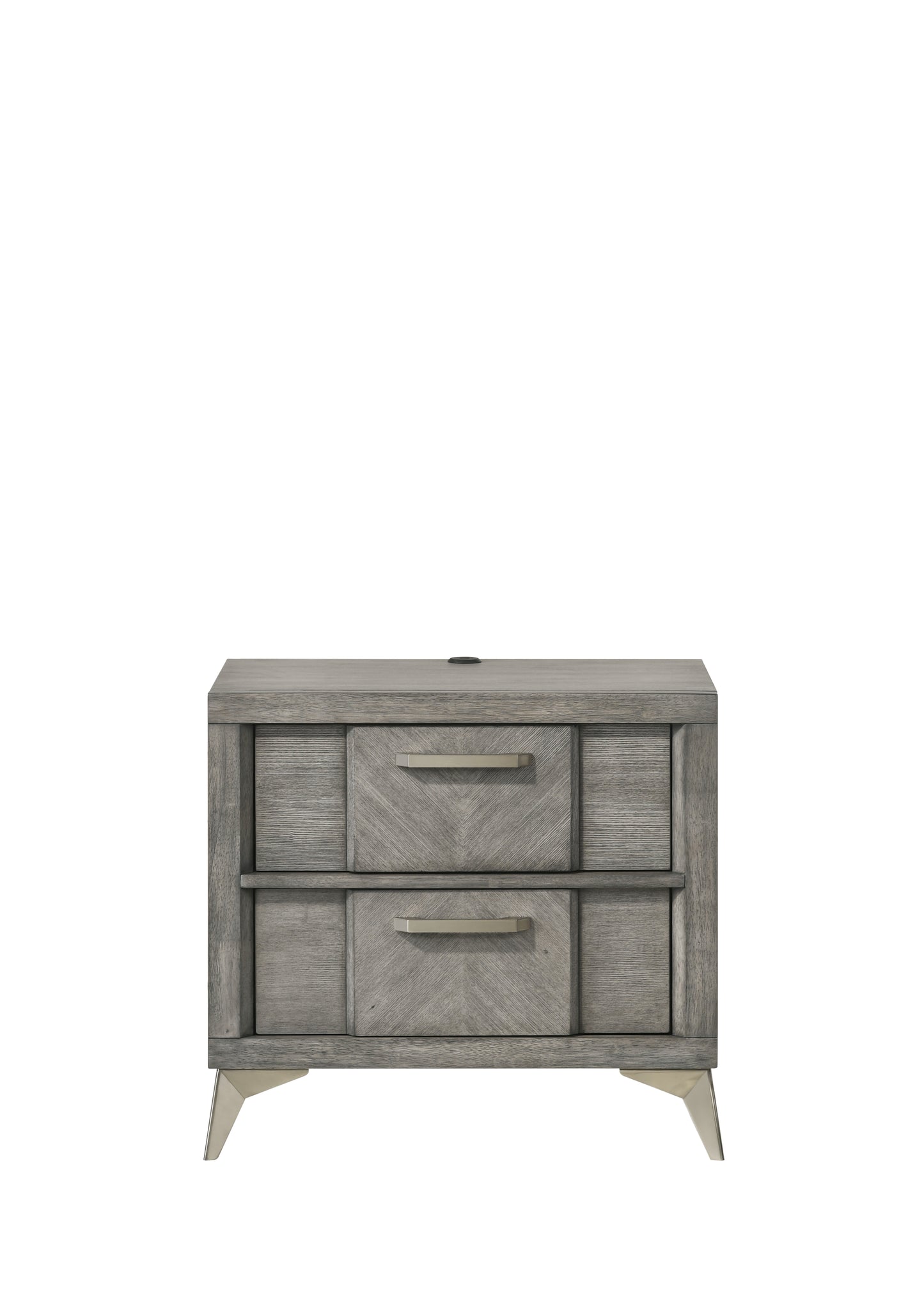 Gray wood twodrawer nightstand with brushed nickel hardware and angled metal legs