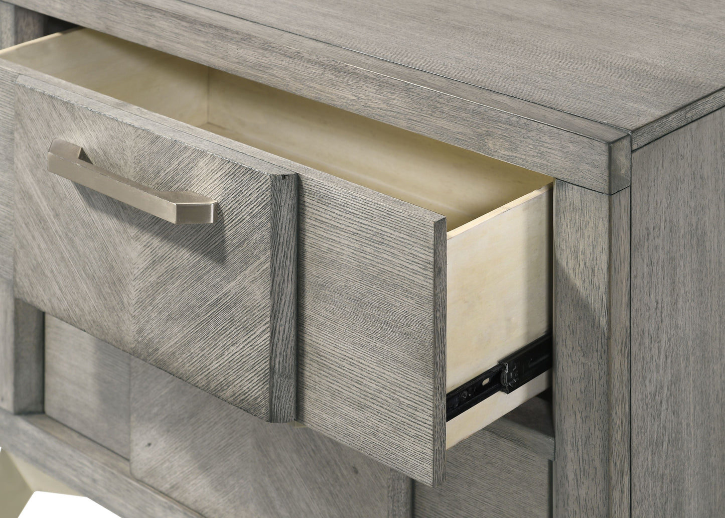 Gray wood nightstand with open drawer and silver pull handle showcasing modern design