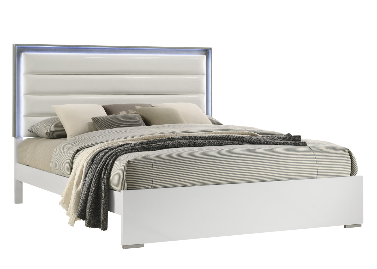 Modern white upholstered queen bed with LED headboard clean lines for contemporary bedroom