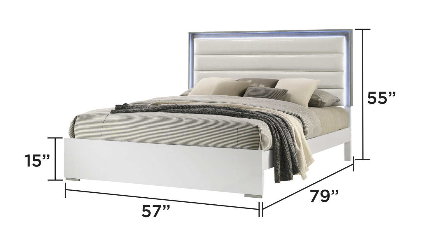 Modern white platform bed with LED headboard and upholstered accents