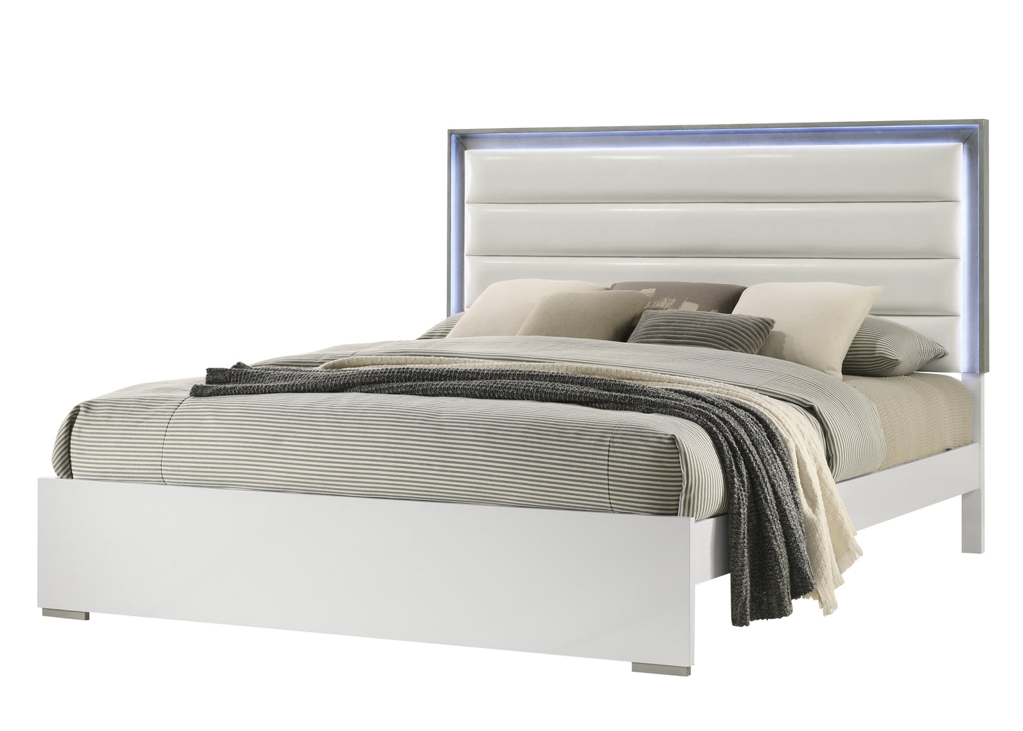 Modern white platform bed with LED headboard and plush bedding