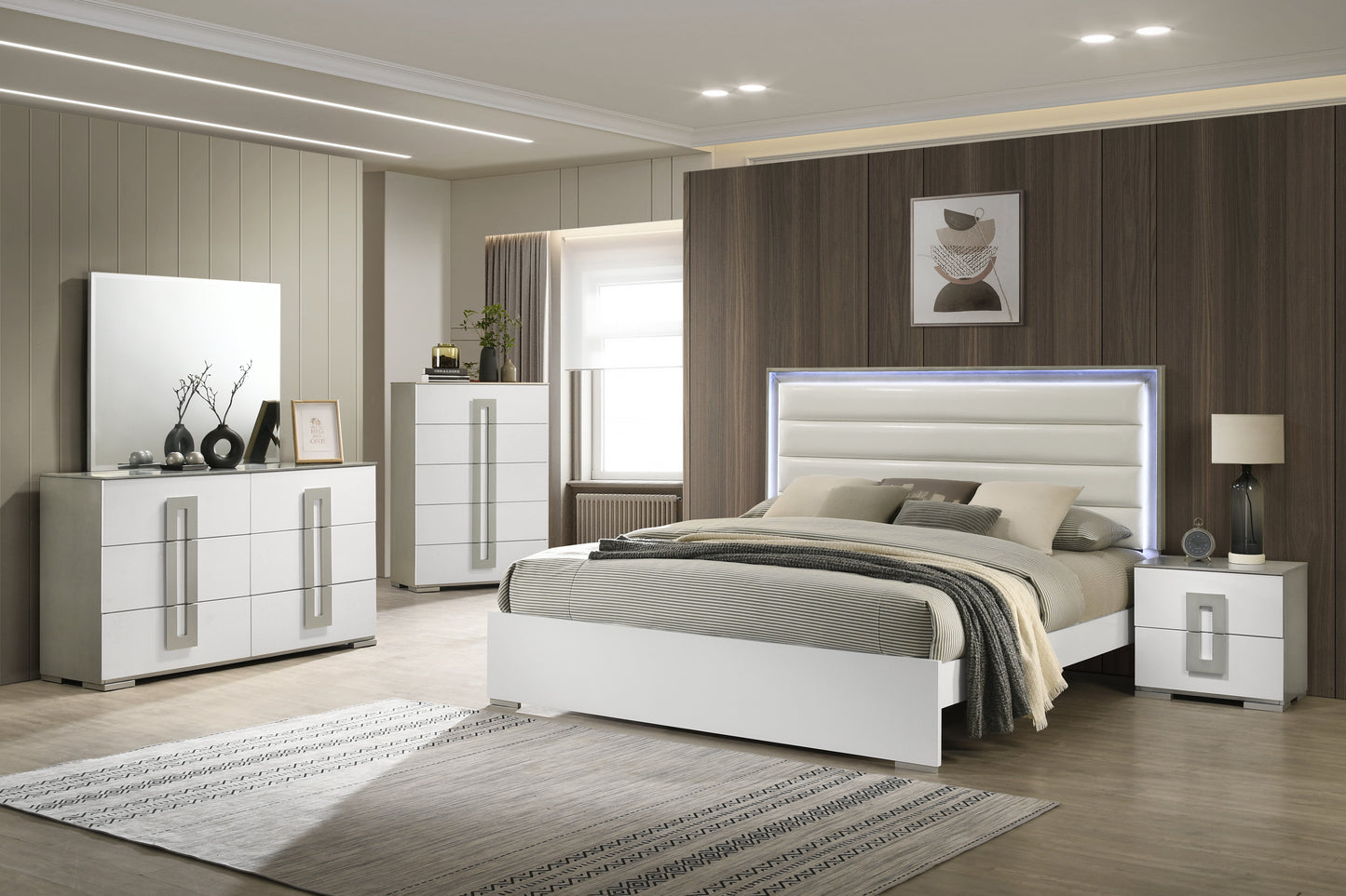 Modern white platform bed with LED headboard and striped bedding for a stylish bedroom