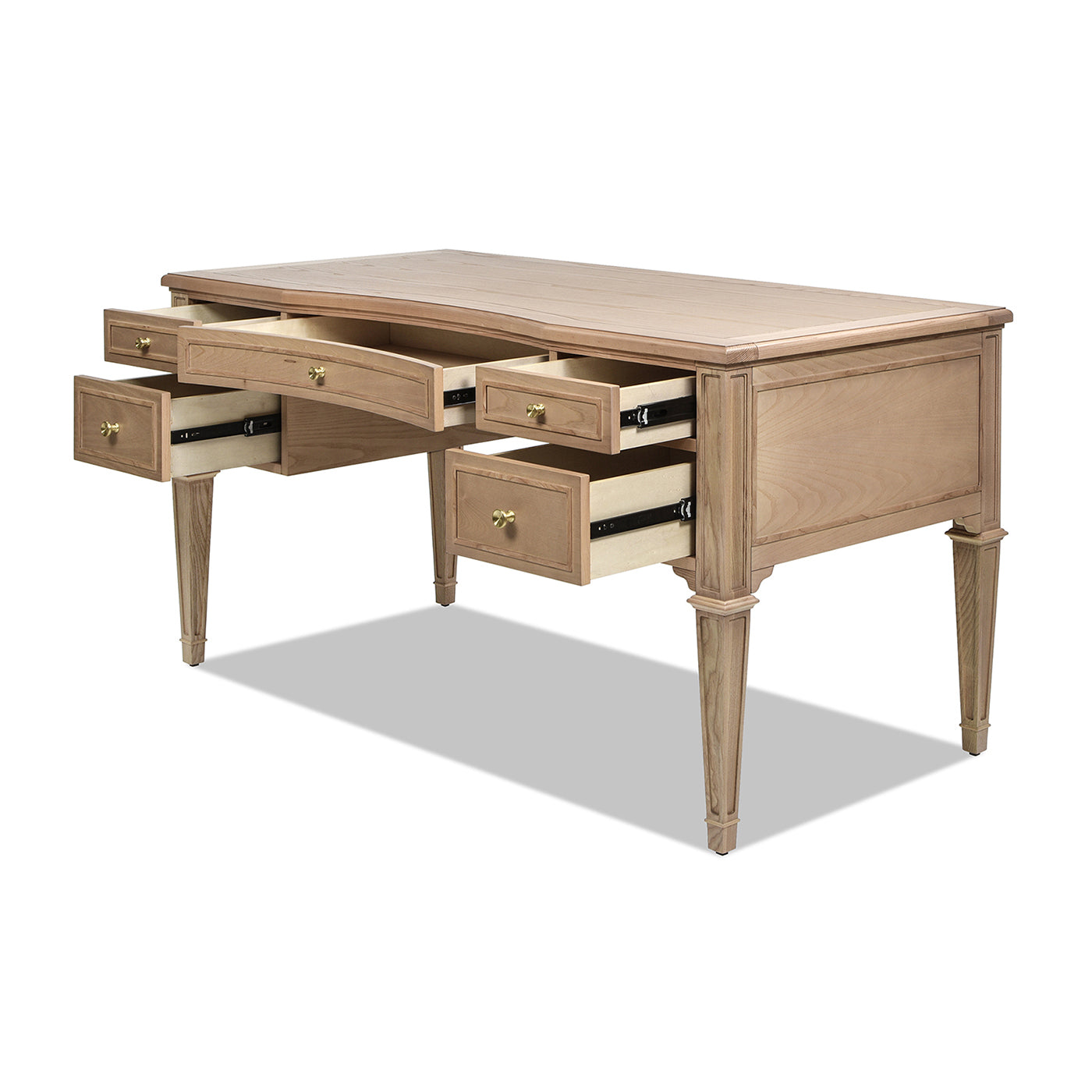 Natural wood writing desk with multiple open drawers and ornate brass pulls perfect for a home office