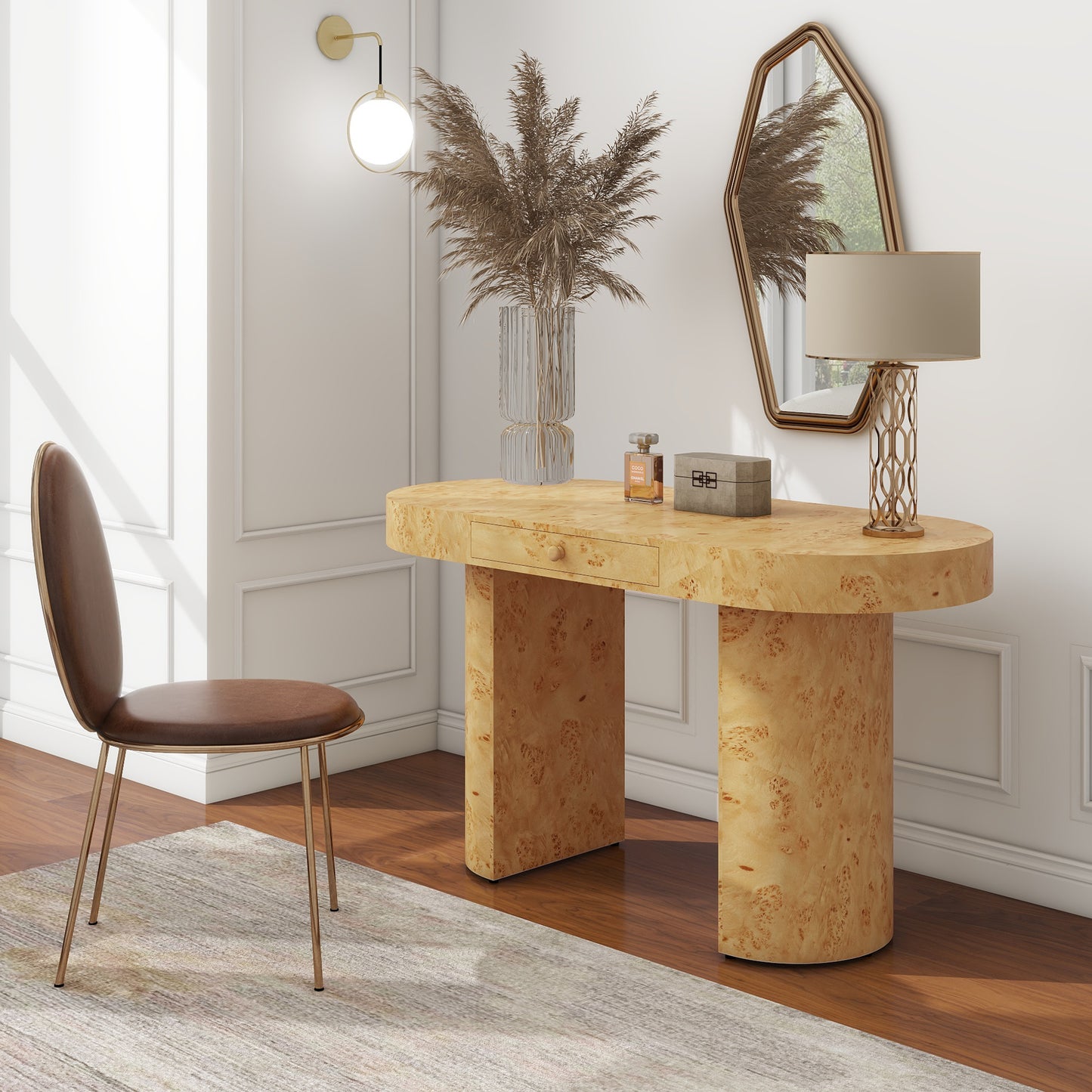 Modern vanity table with burl wood finish and brass accents