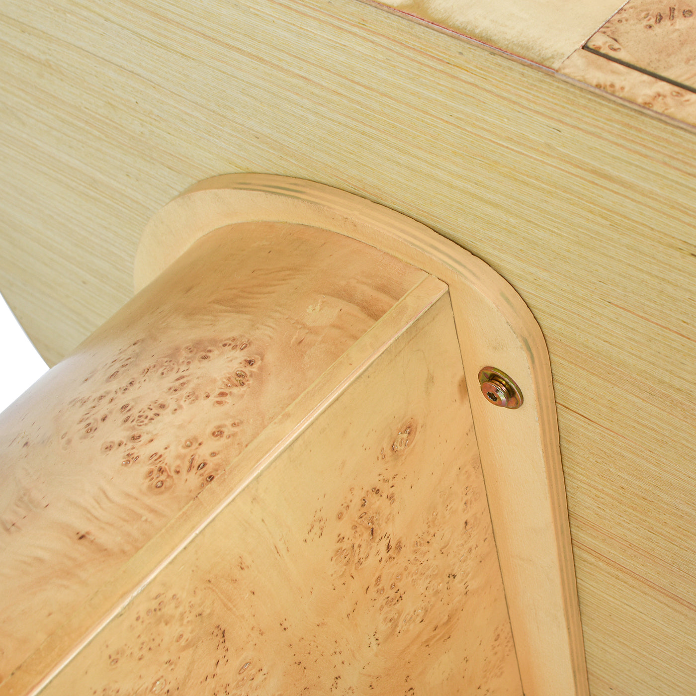 Burl wood table leg attachment with golden screw detail
