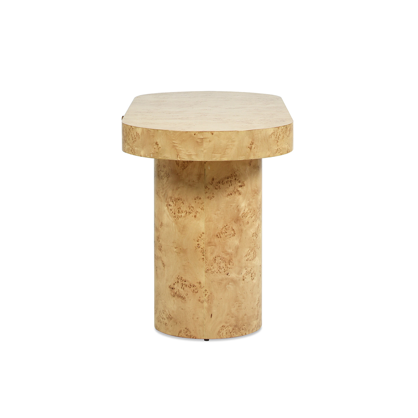Elegant burl wood pedestal table with rounded top and cylindrical base