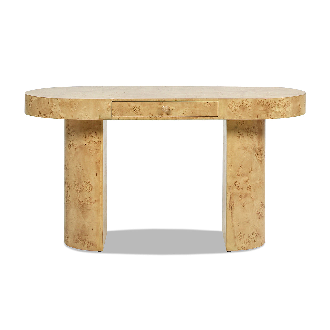 Oval burl wood desk with one drawer and a round knob modern style console