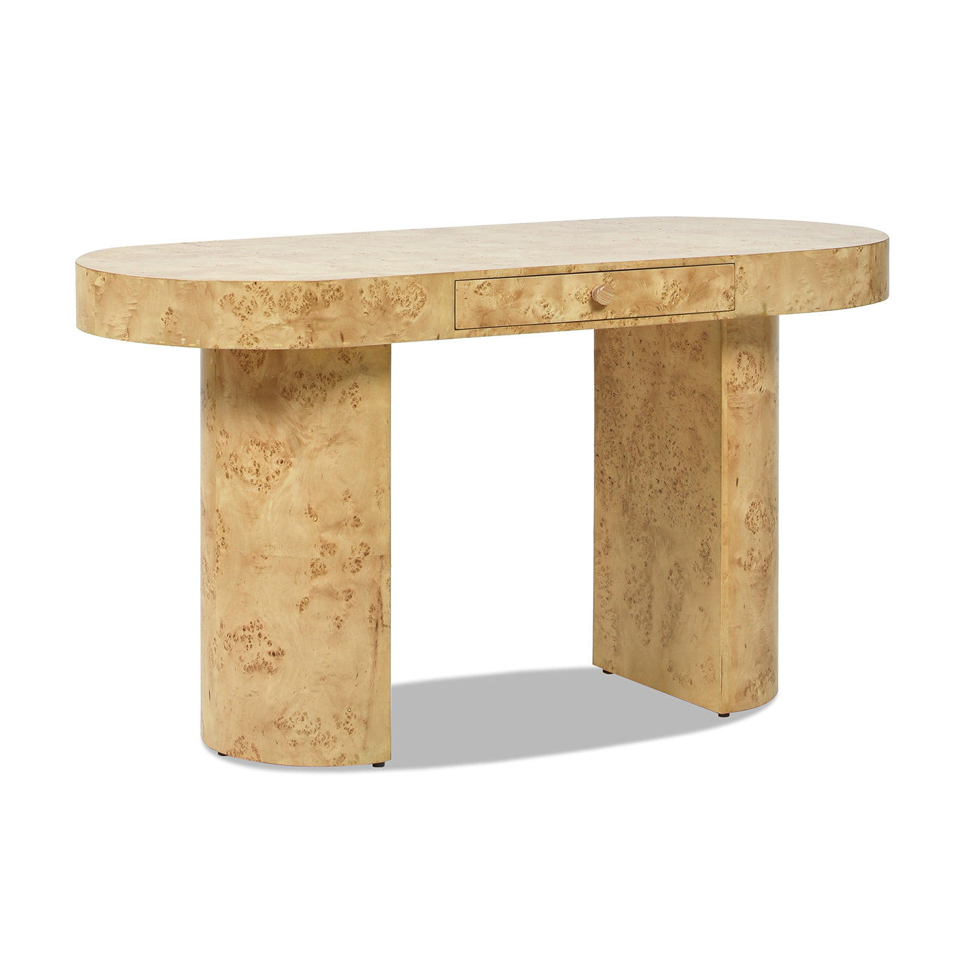 Oval burl wood desk with a single drawer and curved pedestal legs