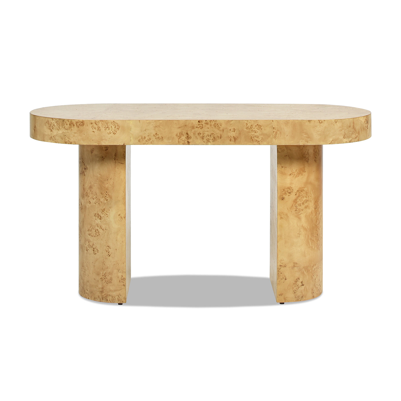 Ovalshaped burl wood console table with cylindrical legs modern design