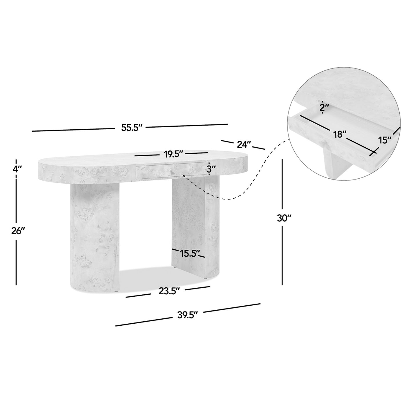 Oval stone console table with a single drawer and flared pedestal legs