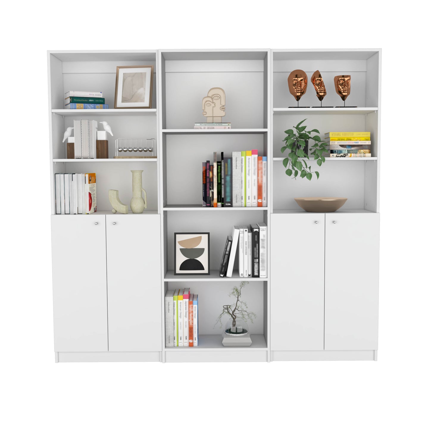 White modern bookshelf with decorative face sculptures and art books