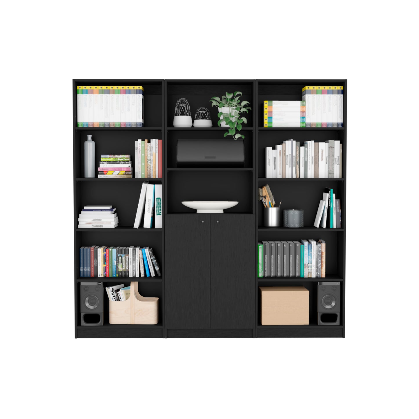 Black modern modular bookshelf with various books and decorative items displayed