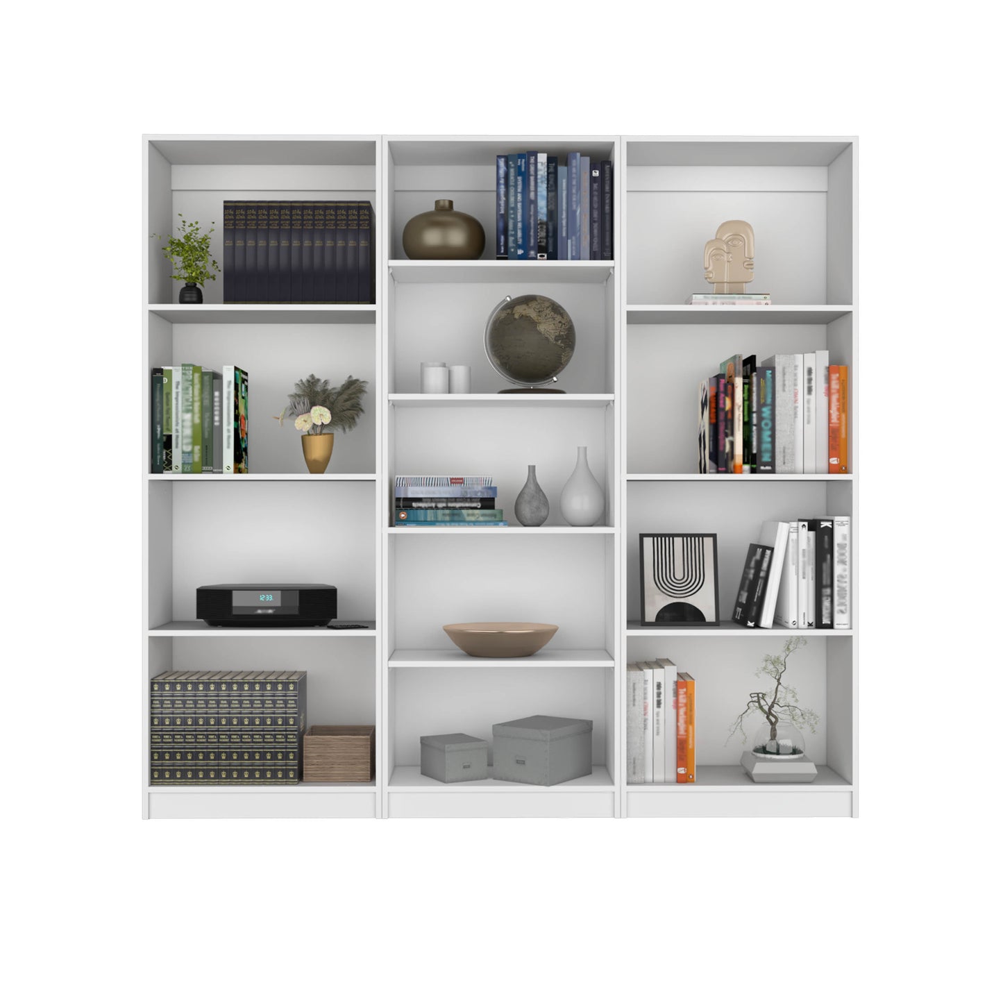 Modern white bookcase with gold accent globe and decorative vases
