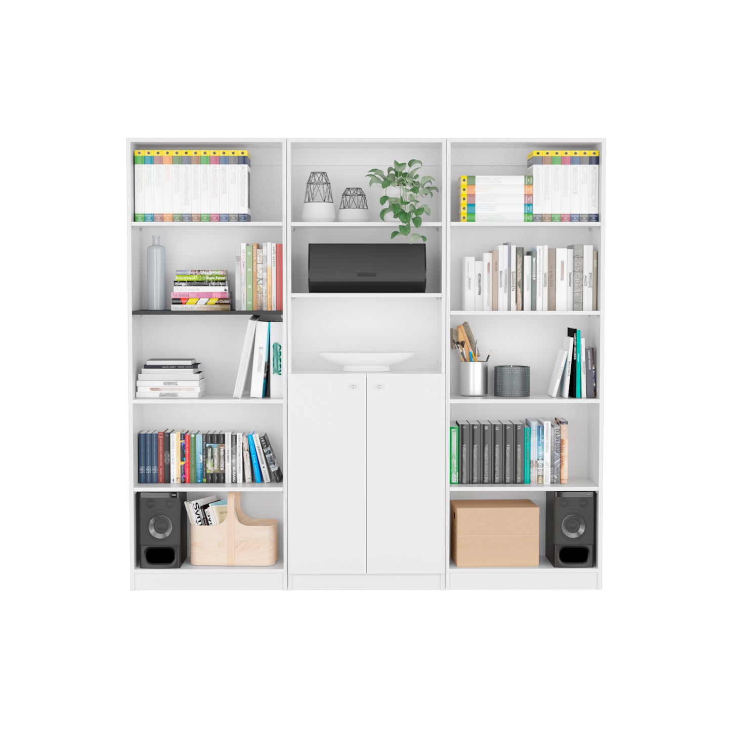 White modern bookshelf unit filled with books decor and electronics