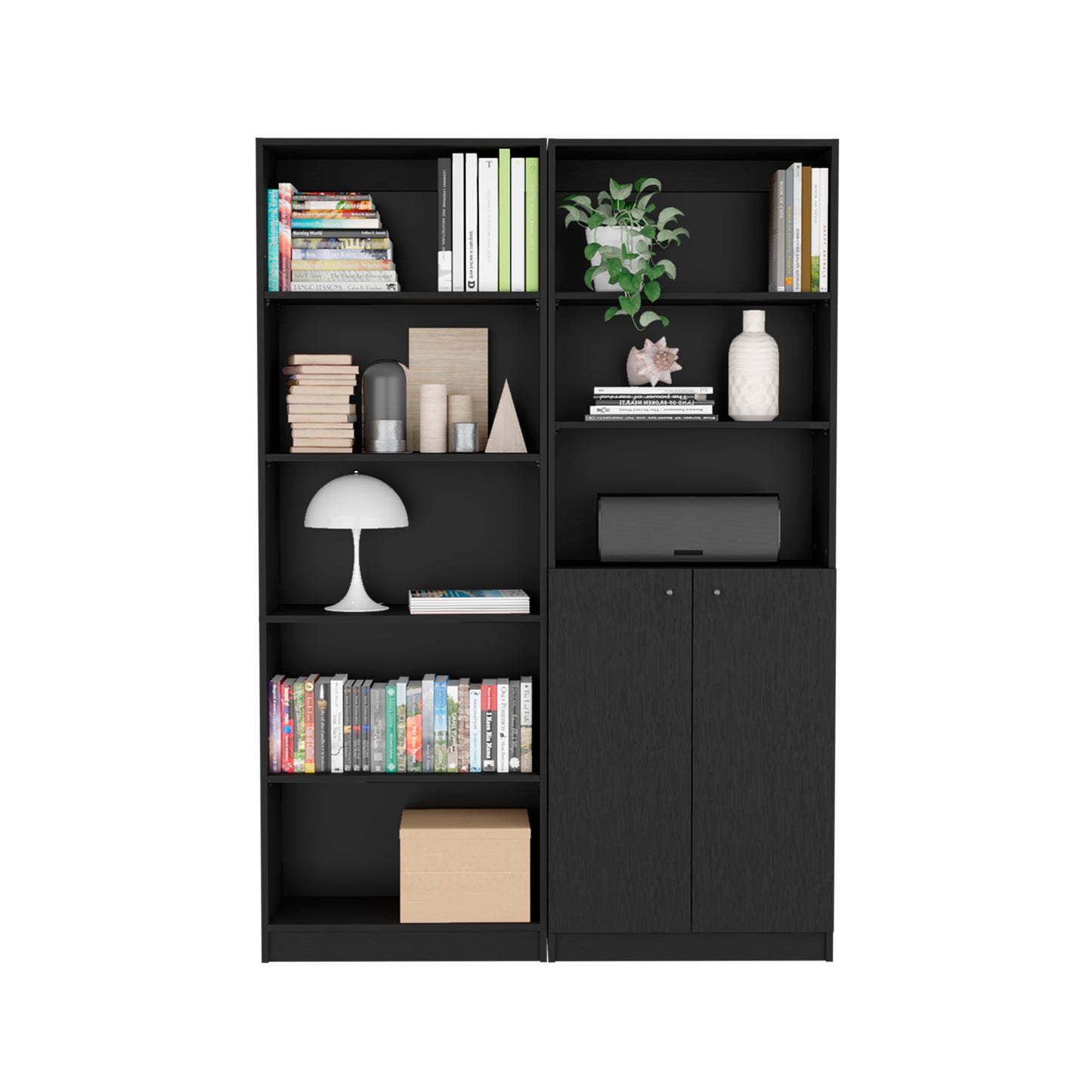 Black modern bookshelf with decorative items and books on shelves