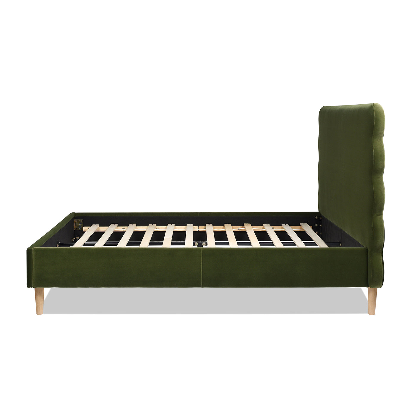Green velvet upholstered bed frame with slatted base and curved headboard