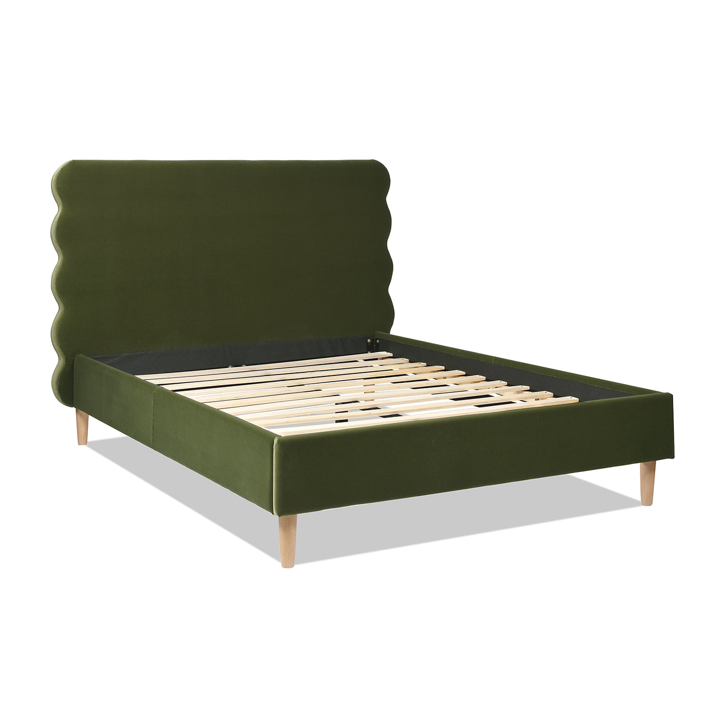 Olive green velvet bed frame with wavy headboard and wooden slats