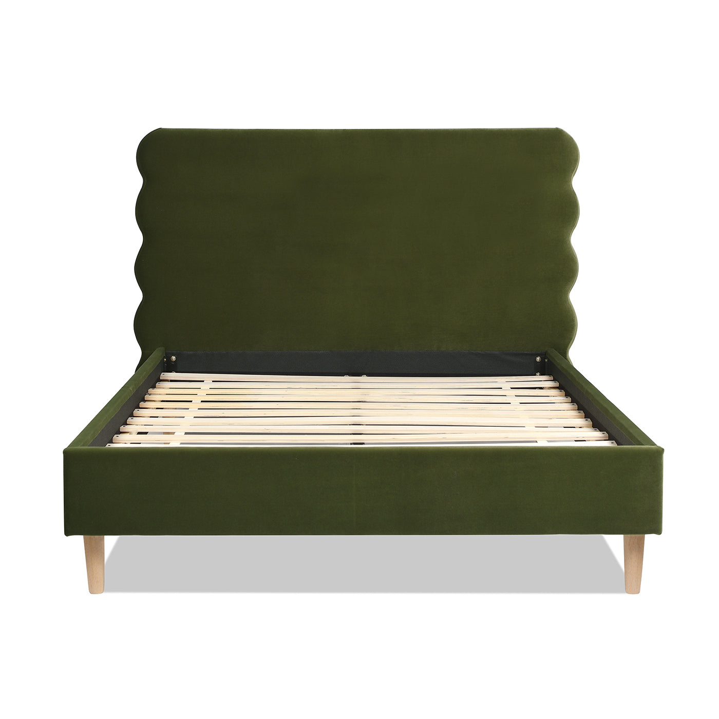 Green velvet bed frame with scalloped headboard and wooden slats