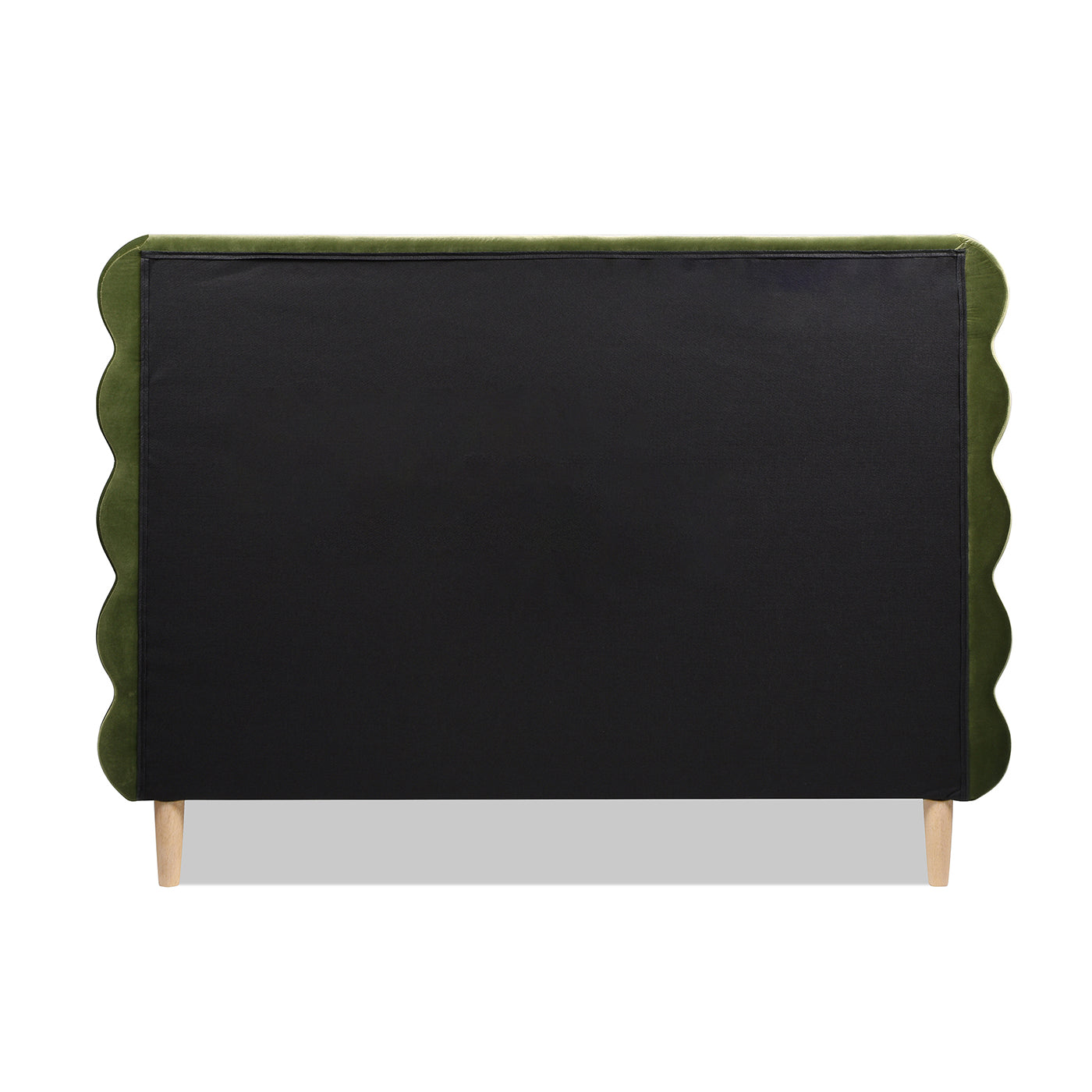 Scalloped olive green velvet headboard with black backing and light wood legs