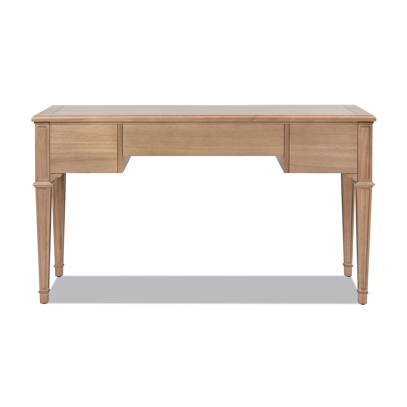 Elegant light oak writing desk with three drawers and tapered legs