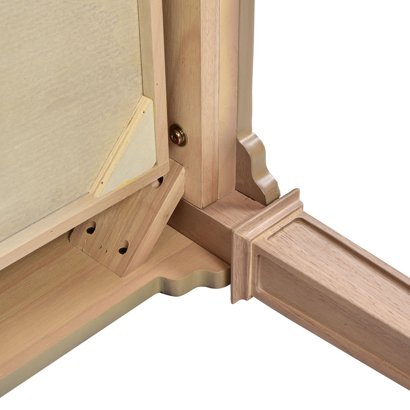 Closeup of wooden frame corner joint with brass hardware and light beige panel detail