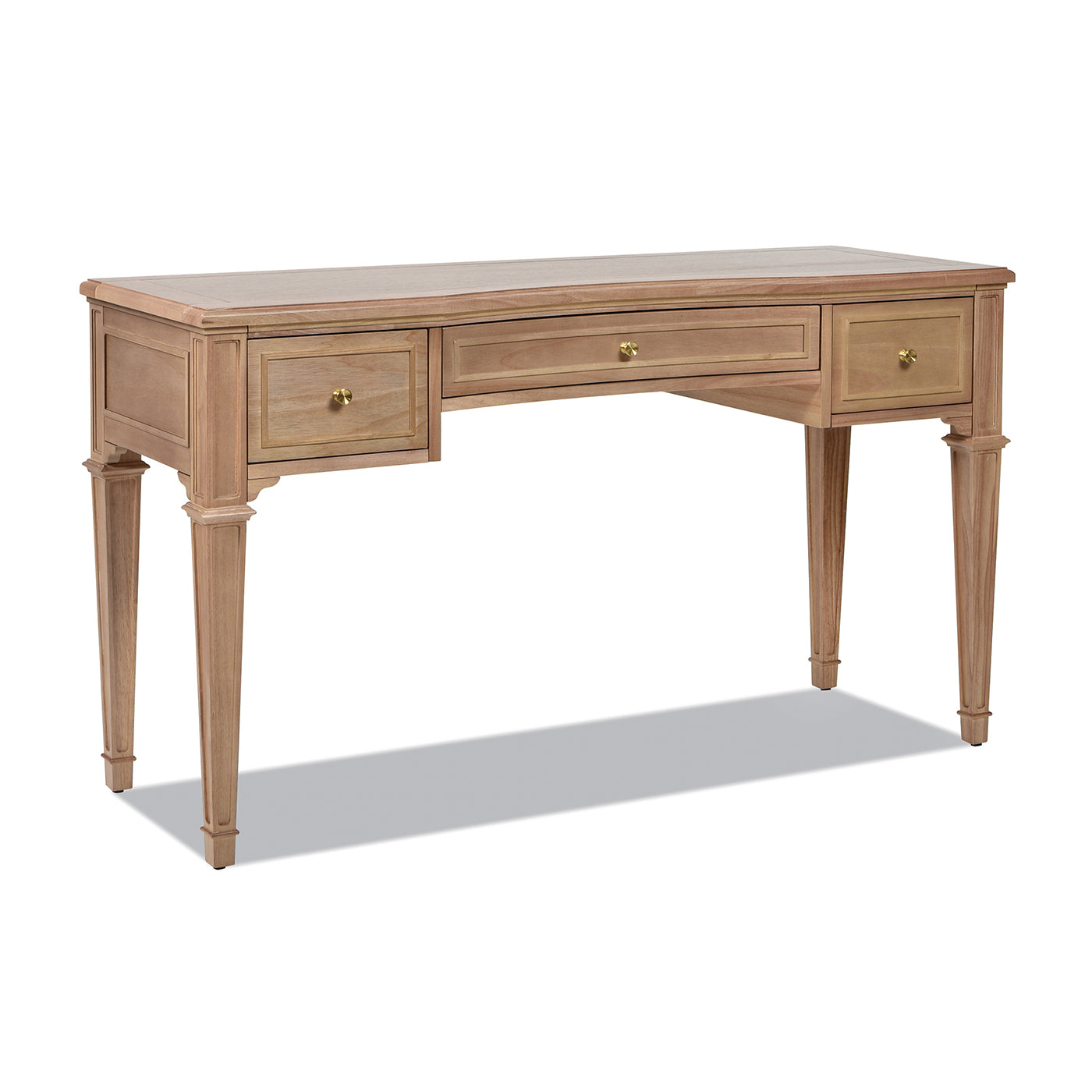 Light oak writing desk with three drawers and brass hardware