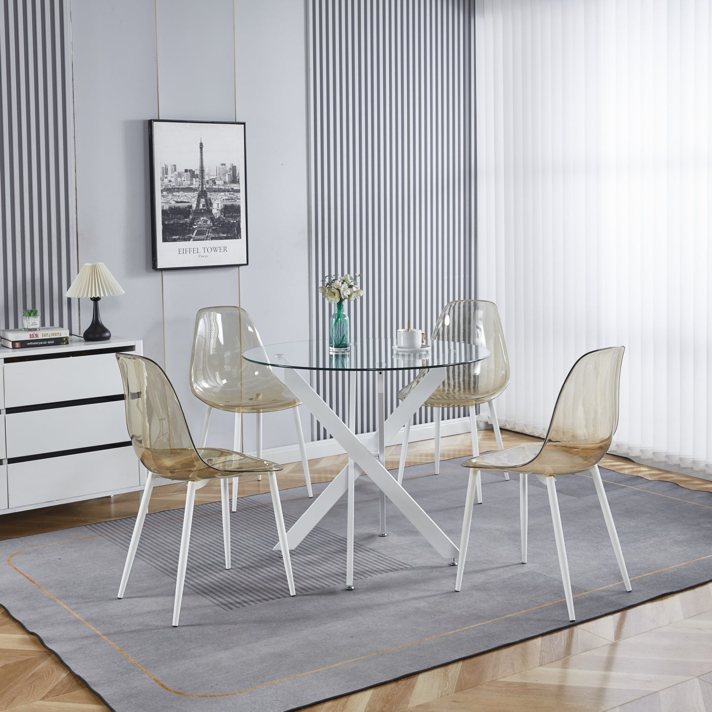 Transparent amber acrylic dining chair with white metal legs modern design