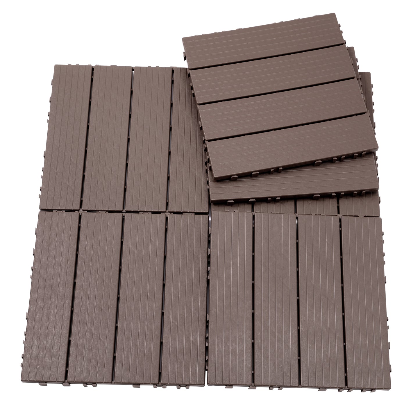 Brown interlocking composite deck tiles with a woodgrain texture