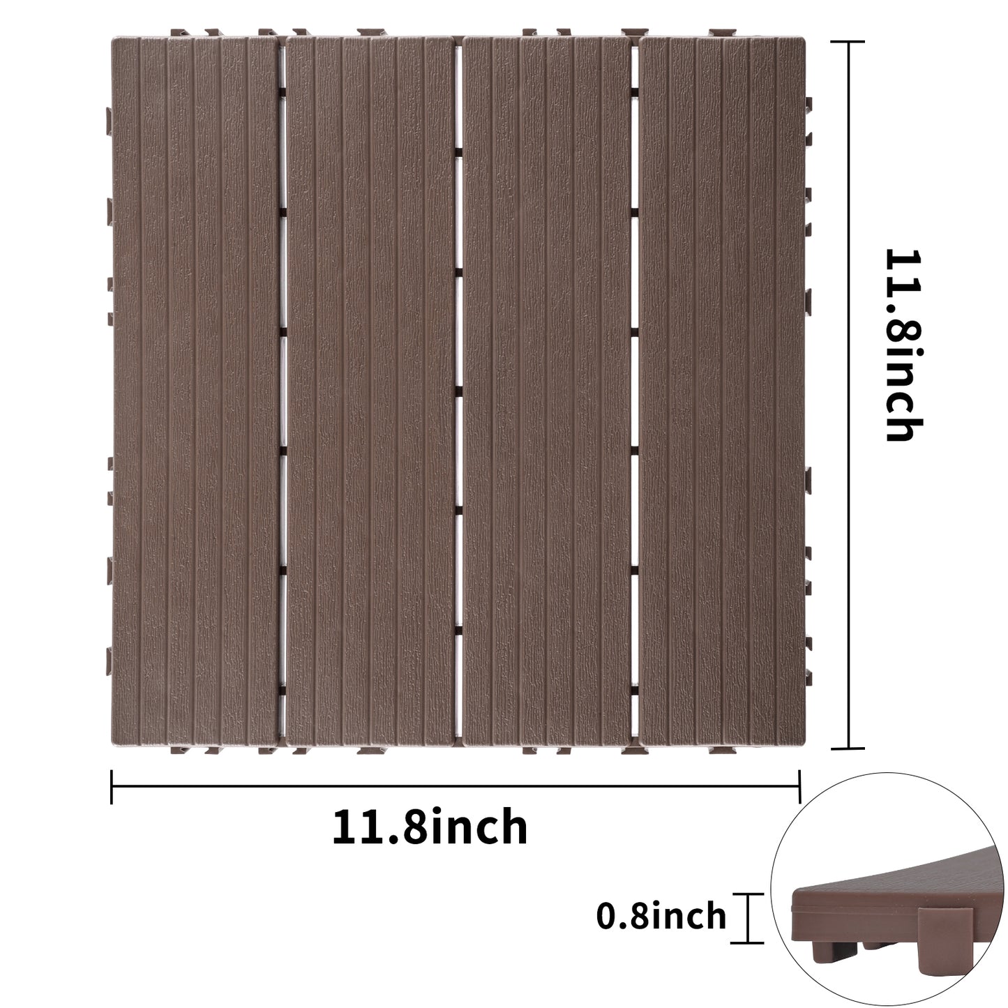 Brown composite deck tile with wood grain texture inch square