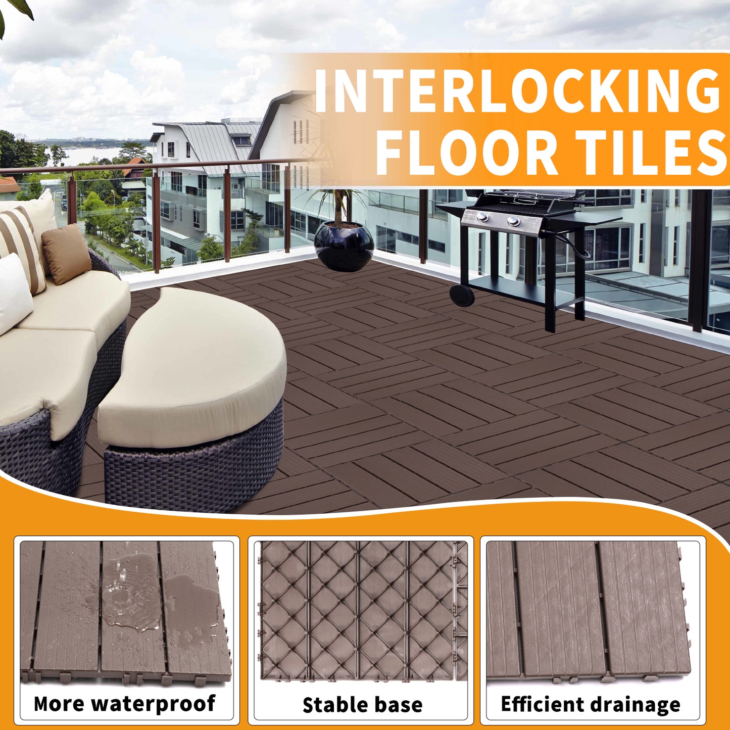 Dark brown interlocking floor tiles laid in a herringbone pattern on a balcony