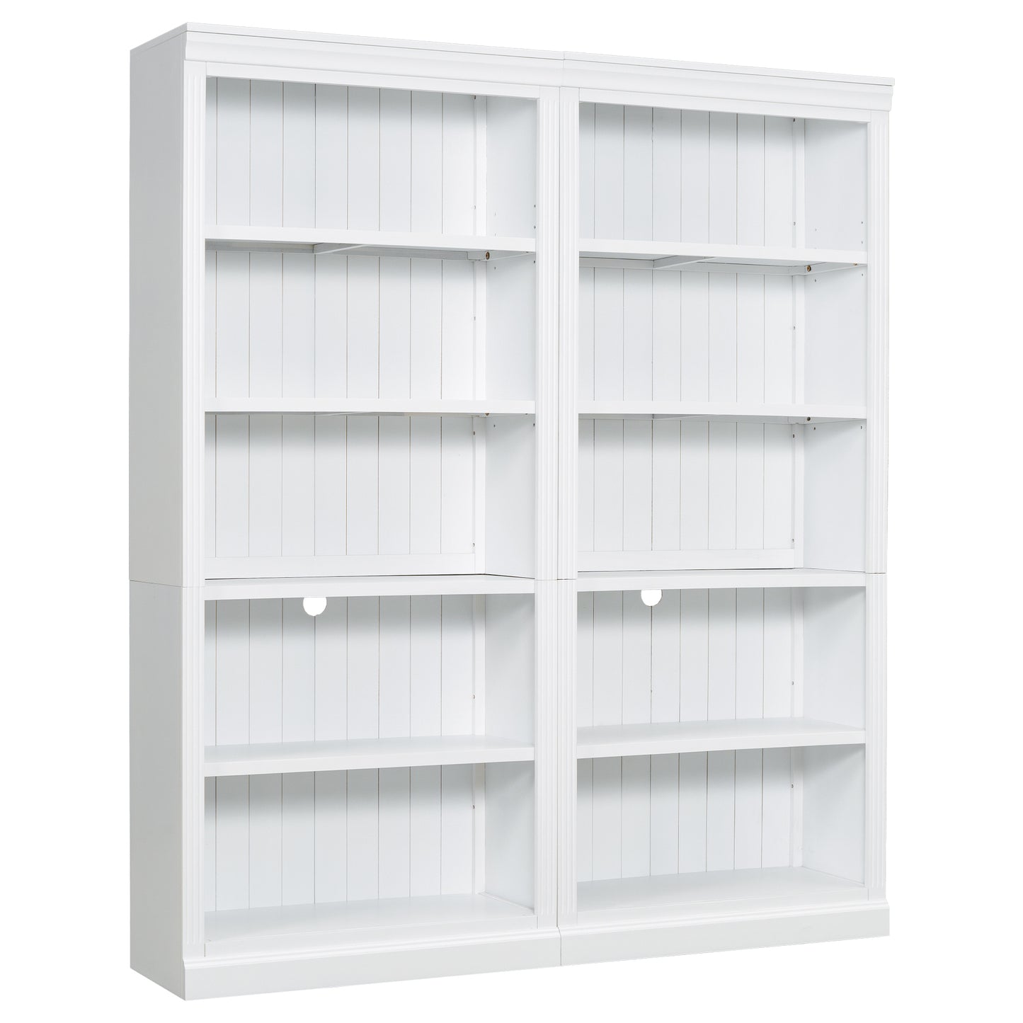White tall bookcase with fluted side panels and six adjustable shelves for home library organization
