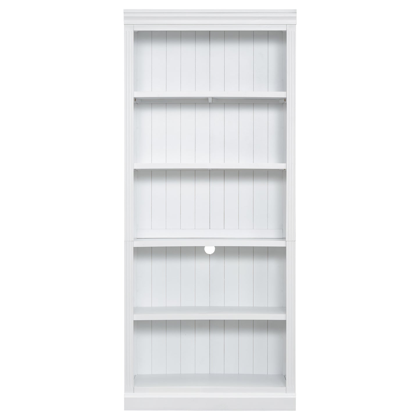 White wooden bookshelf with five shelves and a cable management hole