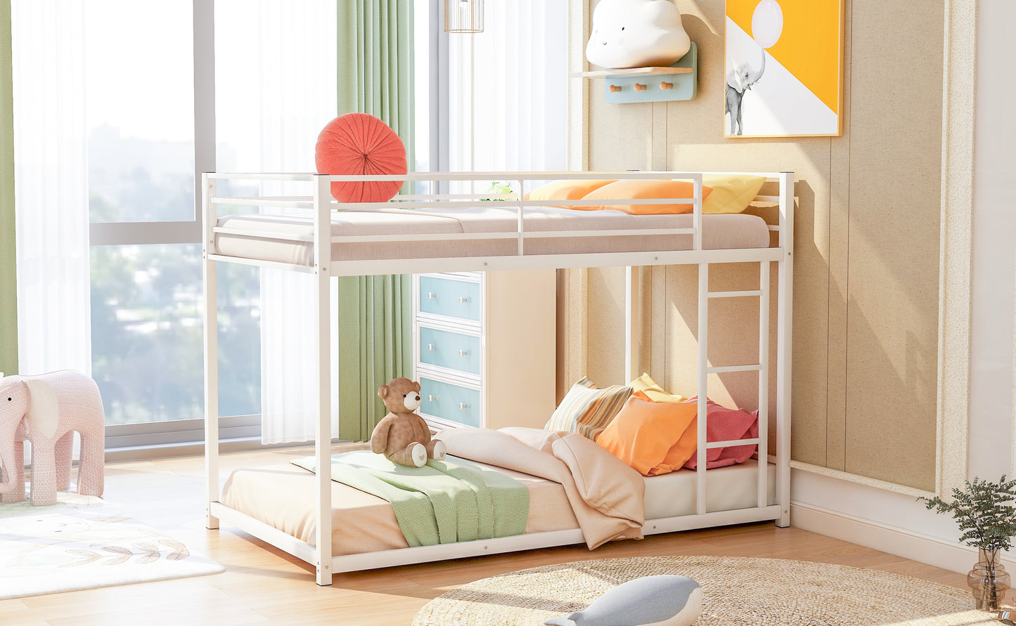 White metal twin over twin bunk bed with colorful pillows