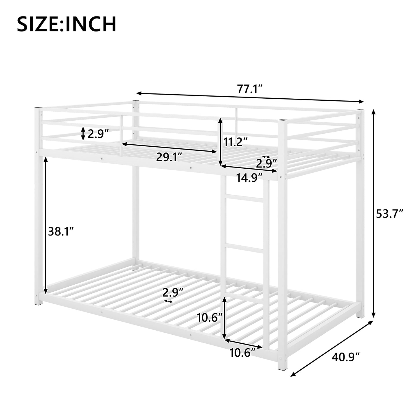 White metal twin over twin bunk bed with dimension callouts