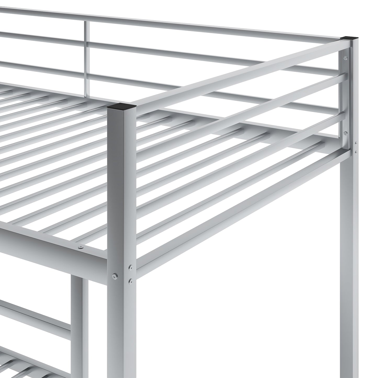 Silver metal bunk bed frame detail with guardrail