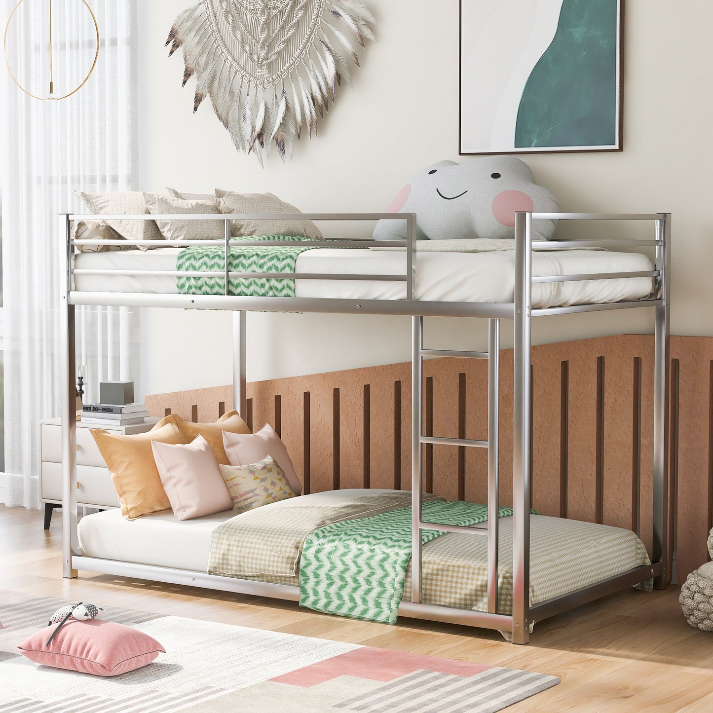 TREATLIFE HOME Twin Over Twin Metal Bunk Bed, Low Bunk Design with Ladder for Safety, Silver Finish