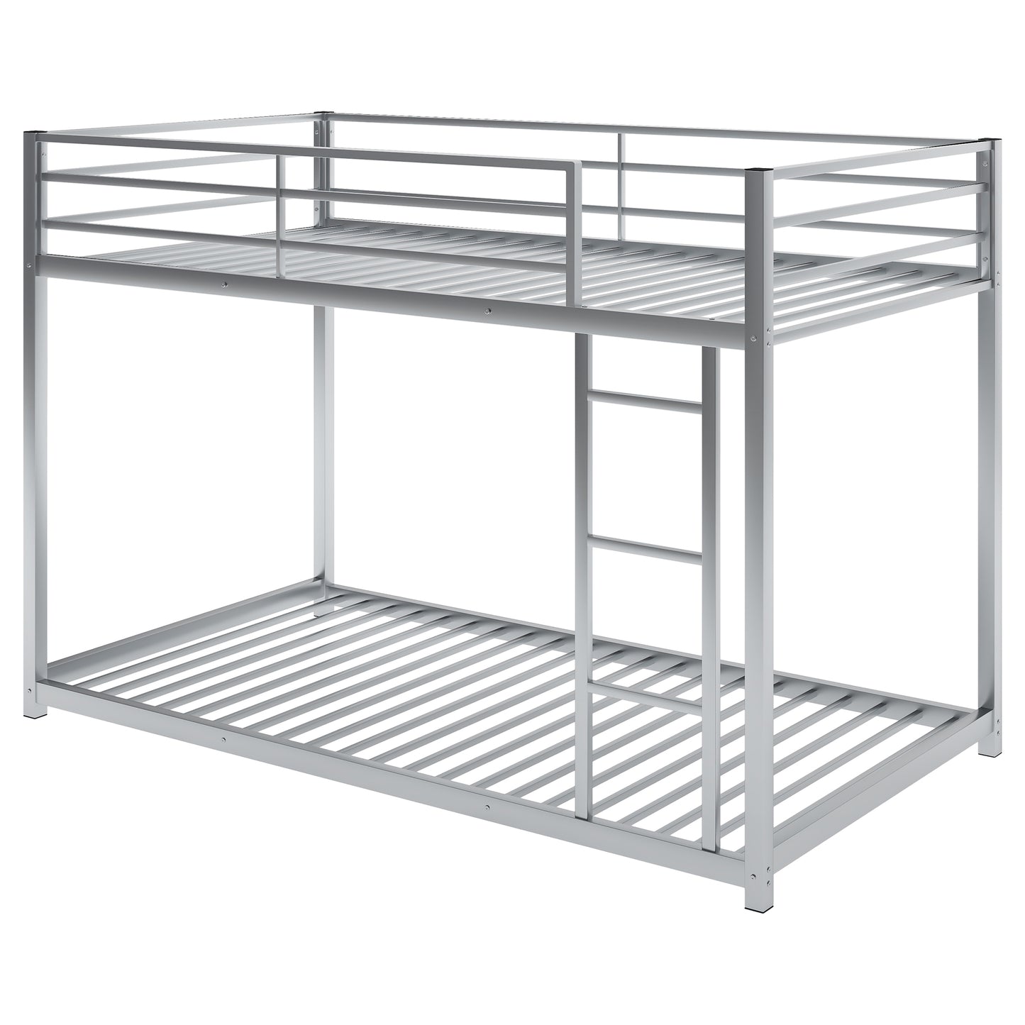 Silver metal twin bunk bed with ladder and guardrails