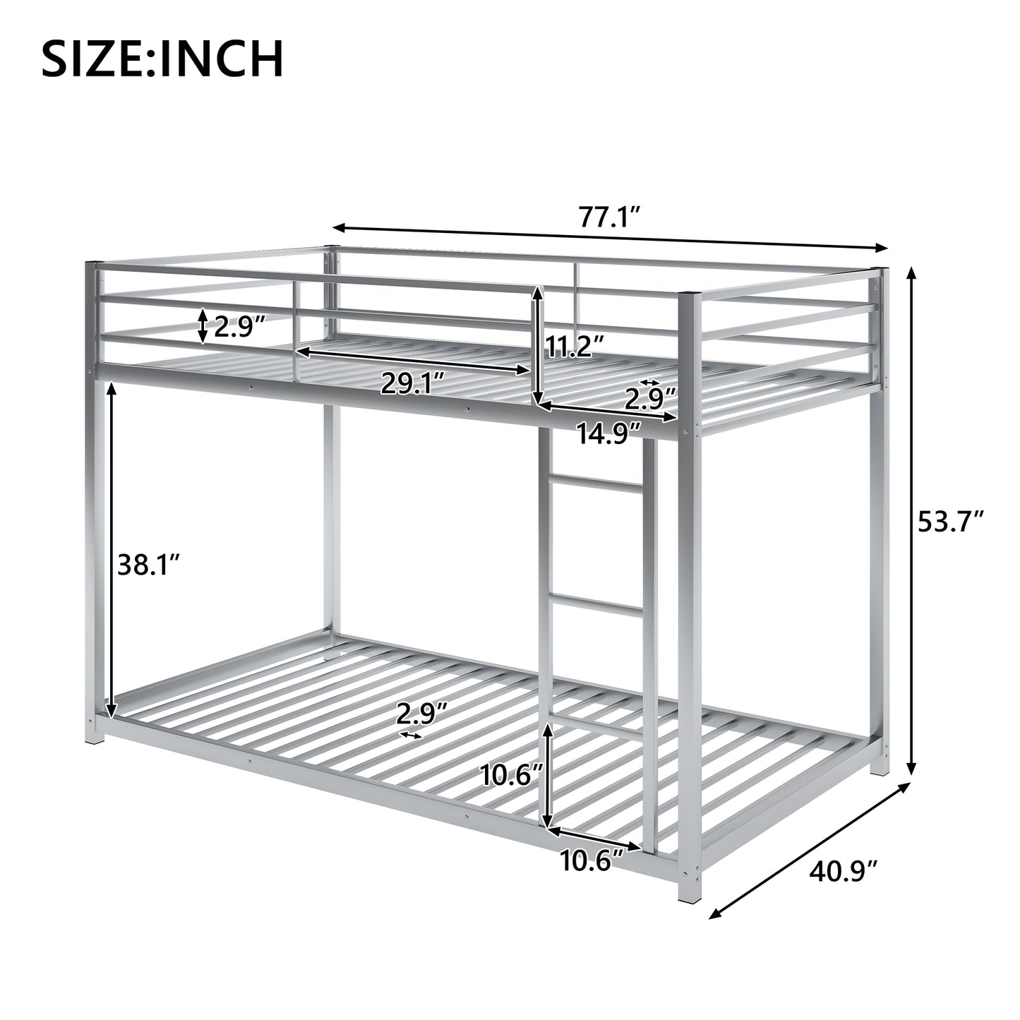 Silver metal twin over twin bunk bed with dimensions
