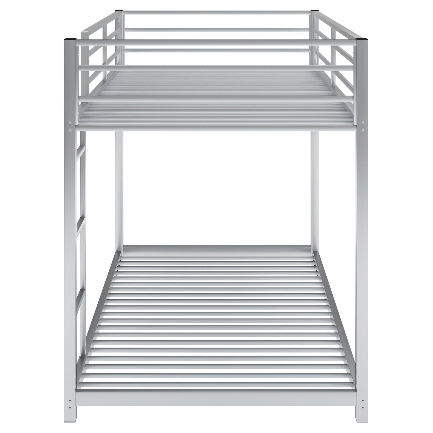Silver metal bunk bed frame with twin size mattresses