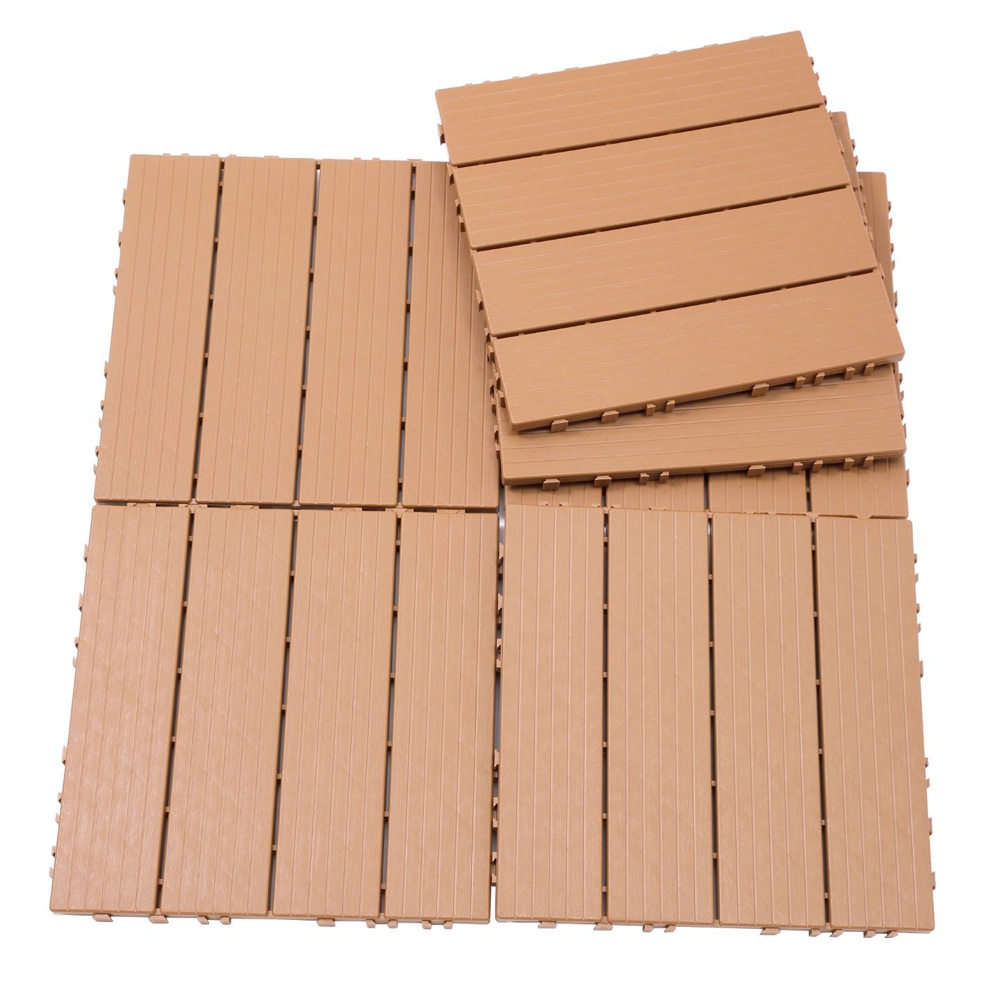 Tan interlocking composite deck tiles with woodgrain texture for outdoor flooring