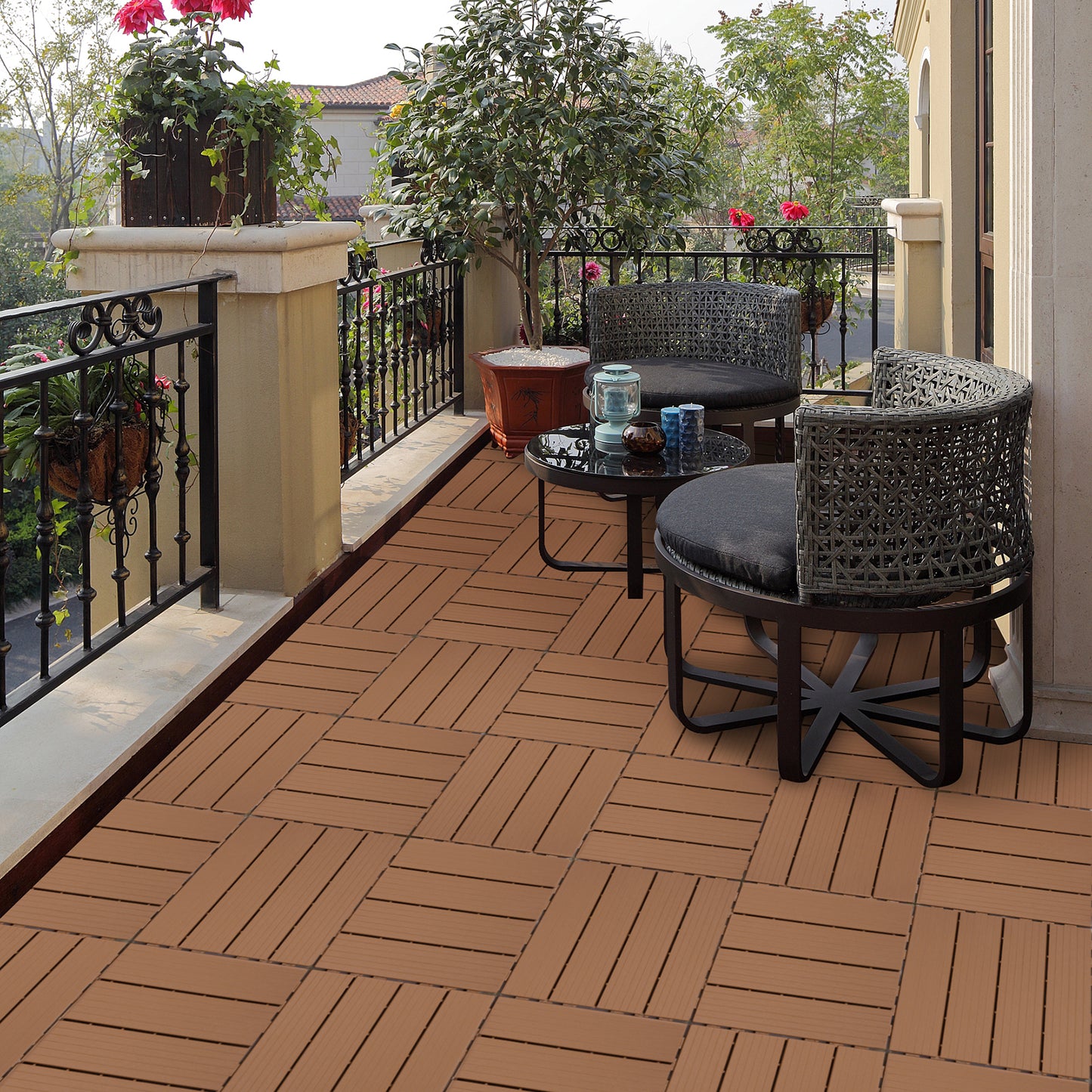 Brown composite deck tiles interlocking for outdoor patios easy DIY installation